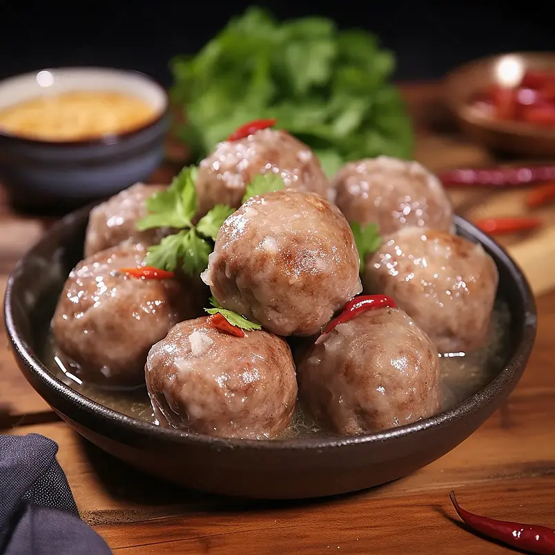 深底上的牛肉丸