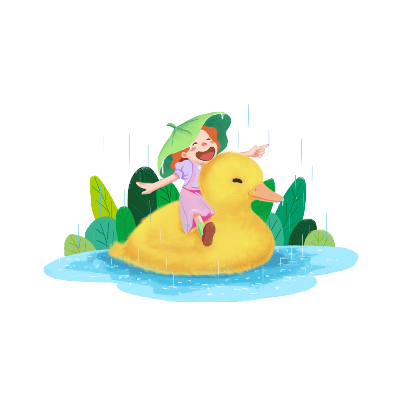 谷雨暖绿色扁平可爱女孩小黄鸭下雨png