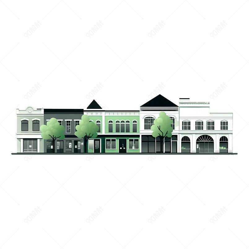 扁平风手绘绿色城市建筑街边房屋场景