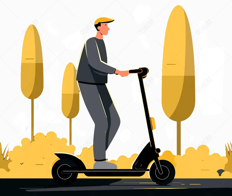 黄色树林边男子骑滑板车插画手绘元素
