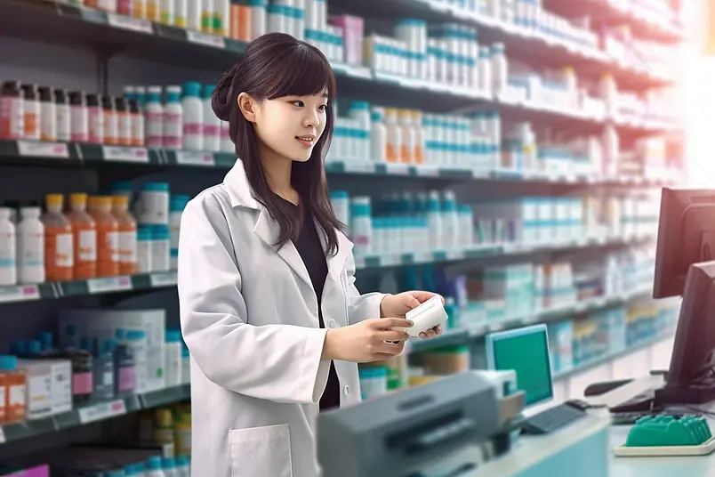 药剂师用扫码扫码支付枪扫客户手机支付