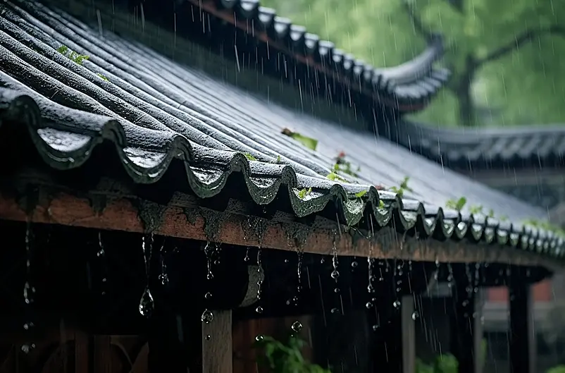 江南古典风格屋檐中国雨