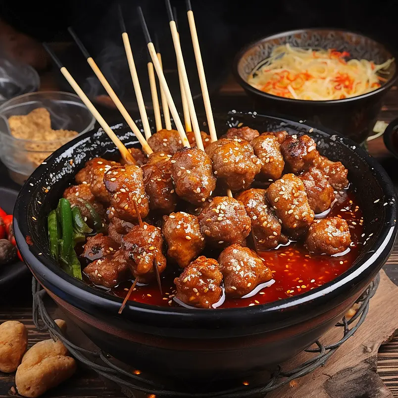 深底上的牛肉丸串串