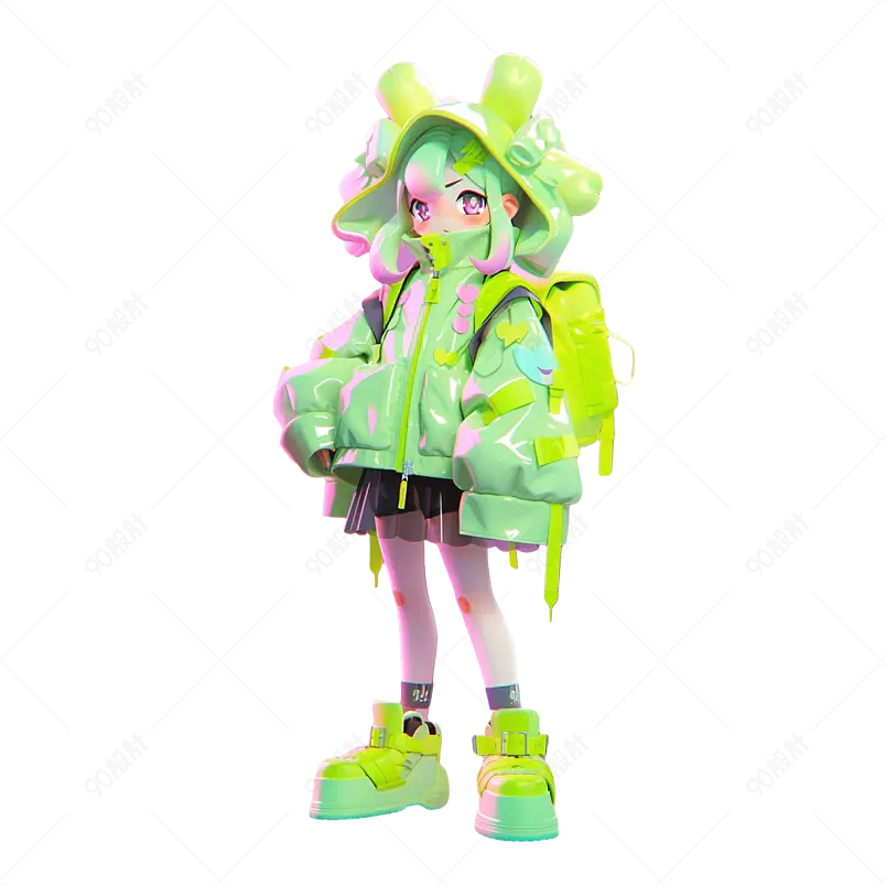 时尚潮流的3D动漫卡通人物多巴胺穿搭女孩