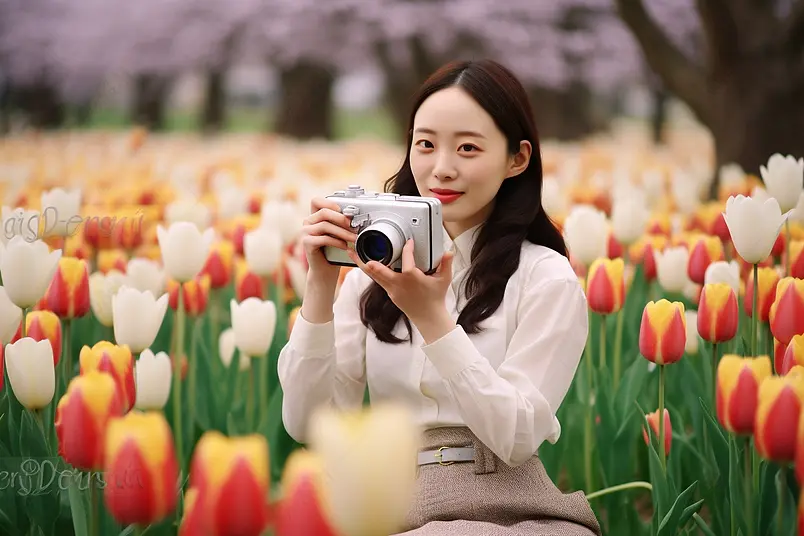 制服文艺少女欣赏拍摄郁金香与镜像单反相机