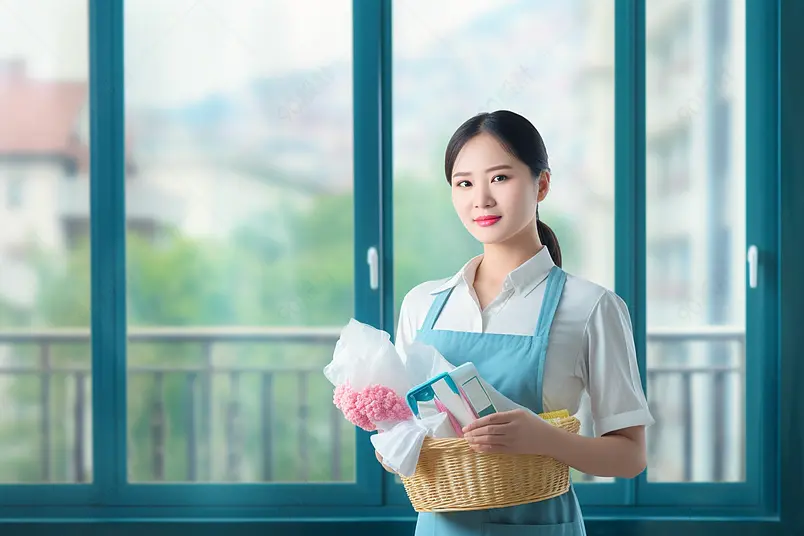 亲和保洁女性家政手拿清洁用品形象