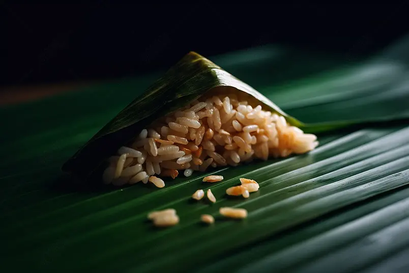 清晰的摄影图高清的图片电商产品拍摄美食美味食物端午节绿色的芭蕉叶和粽子