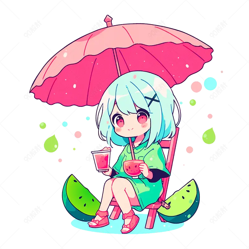 夏季出行坐在躺椅上多巴胺穿搭女孩西瓜元素