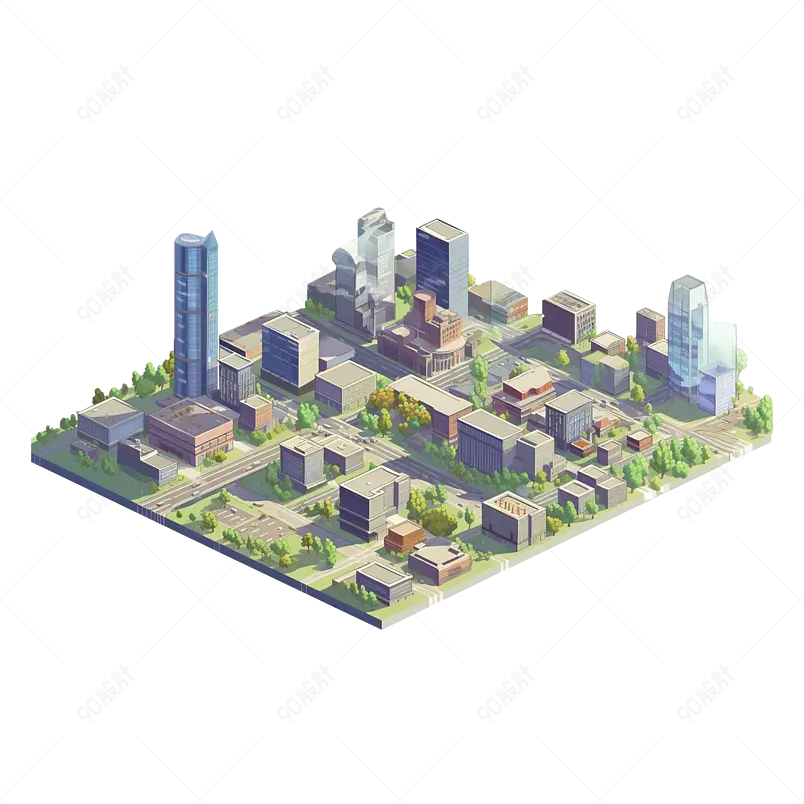 灰色手绘风空中等距城市中心建筑元素