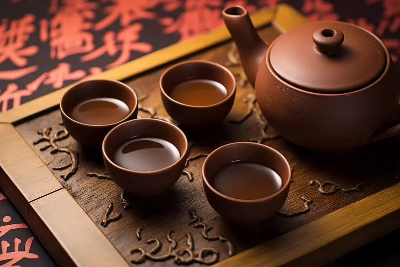 紫砂茶具组合喝茶壶和水杯摄影真实