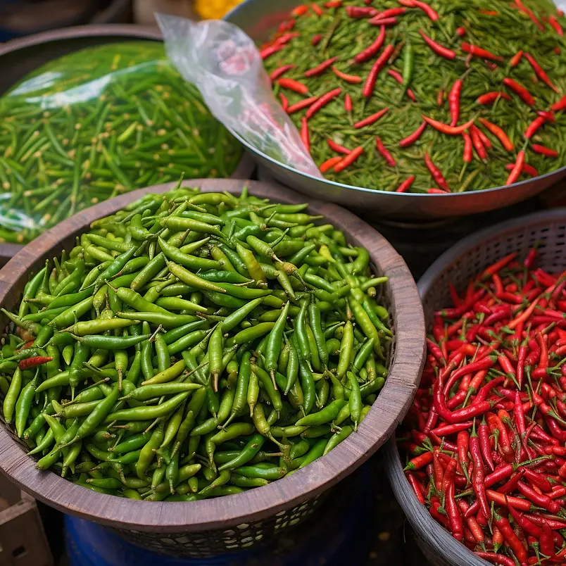 辣椒和胡椒——热带水果和蔬菜上的传统市场，越南，东南亚