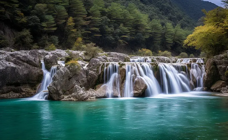 旅游风景区出游清晰的摄影图高清的图片海报设计背景广告设计素材元素绿色的湖水高流水树林远山蓝月谷自然风光