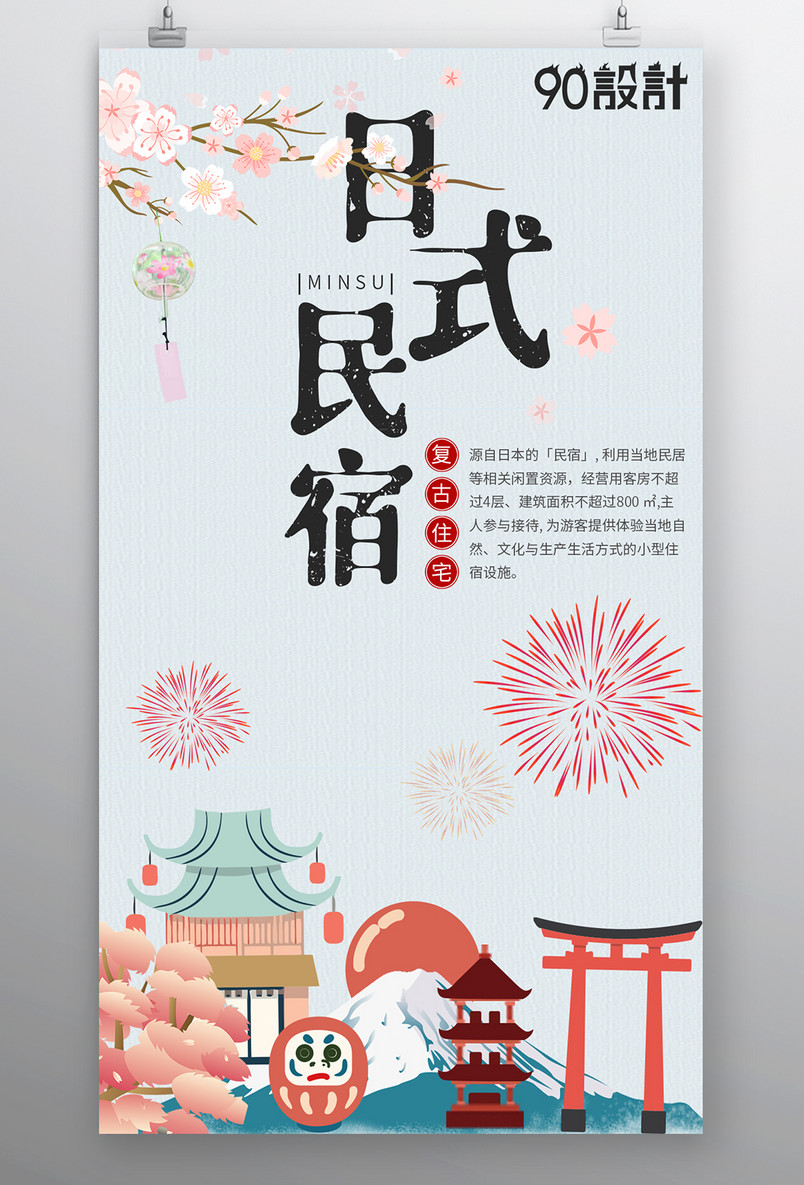 酒店住宿日式民宿海报传统复古旅游卡通海报