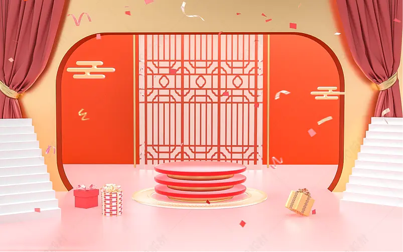 红色喜庆C4D创意空间电商海报背景图