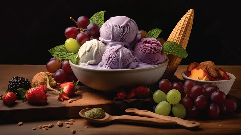 美味丰盛的水果和冰淇淋诱人的甜食甜点摄影