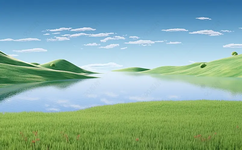 三维渲染的抽象草原湖泊地形