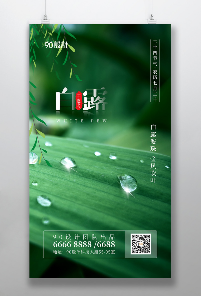 二十四节气之白露简约清新绿色手机海报