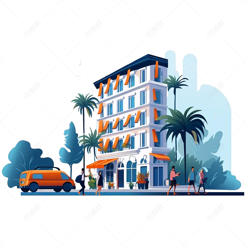 朋友的假期。男人女人拿着行李箱靠近酒店门口。假日放松，旅行者矢量插图