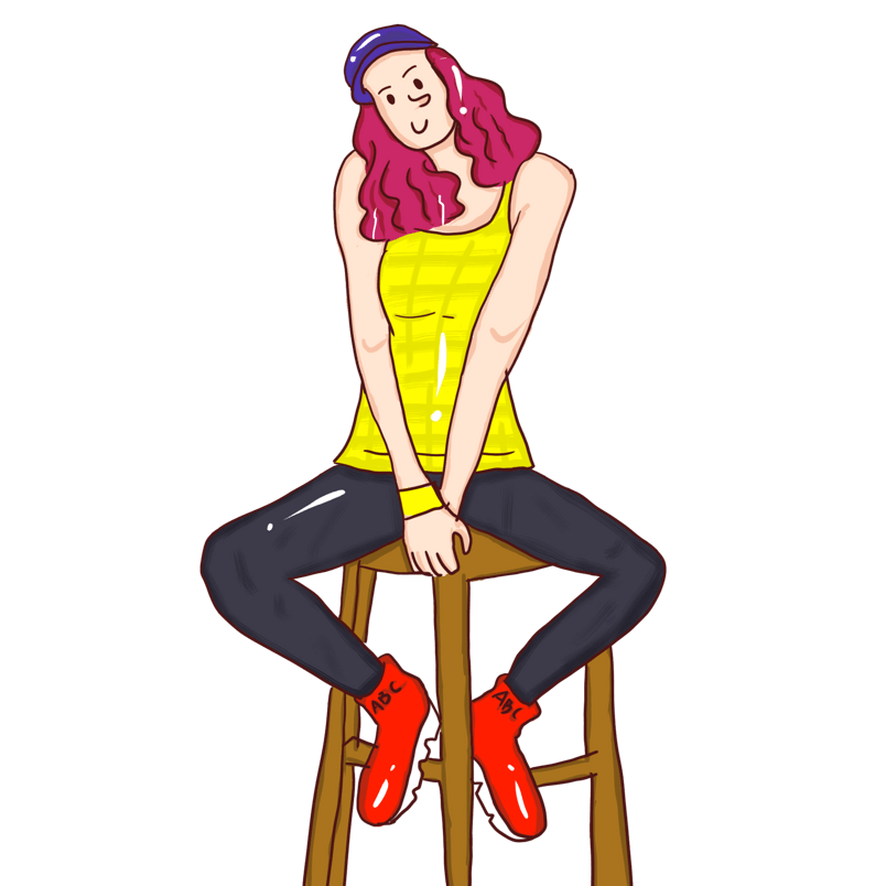 坐着凳子的女生手绘插图PSD源文件