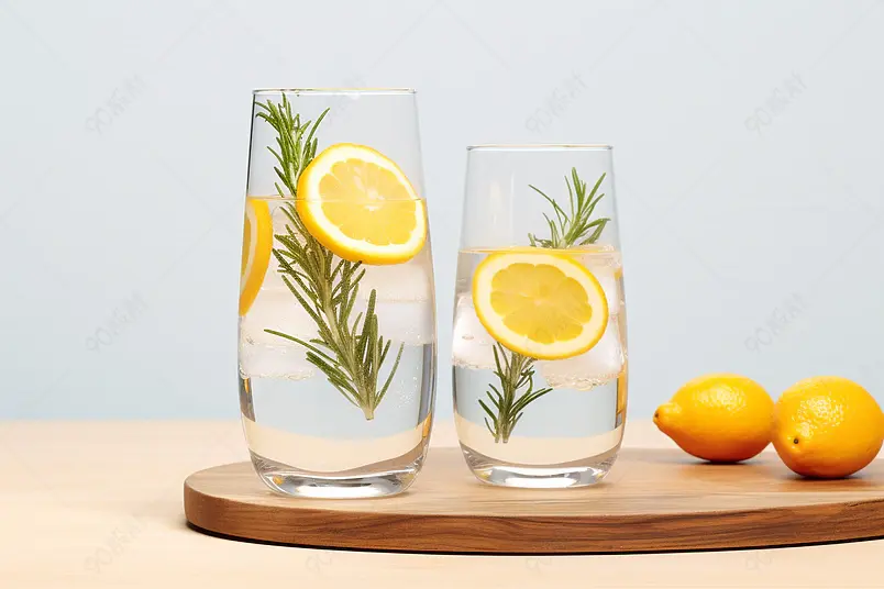 两杯清爽消暑的冰镇柠檬水放在餐桌上灰蓝色背景