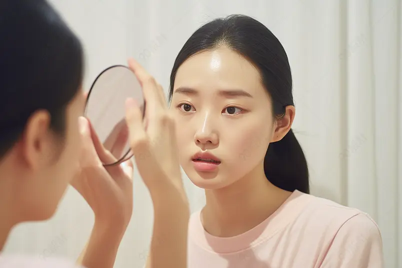 年轻女性过敏长痘照镜子