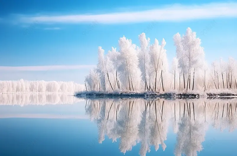 覆盖着厚厚的白雪的湖边观景平台