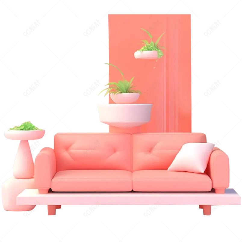 橙色皮质简约客厅家具沙发3D渲染立体免扣素材图