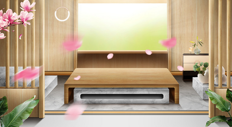 时尚潮流木纹大理石桌面化妆品海报背景图