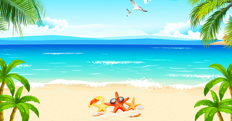 蓝色清新海滩卡通夏季防晒护肤品海报背景