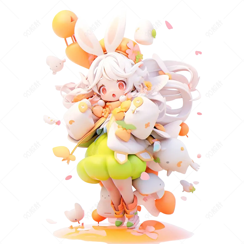 3D立体人物绿色多巴胺手办潮玩盲盒兔耳朵女孩免扣素材