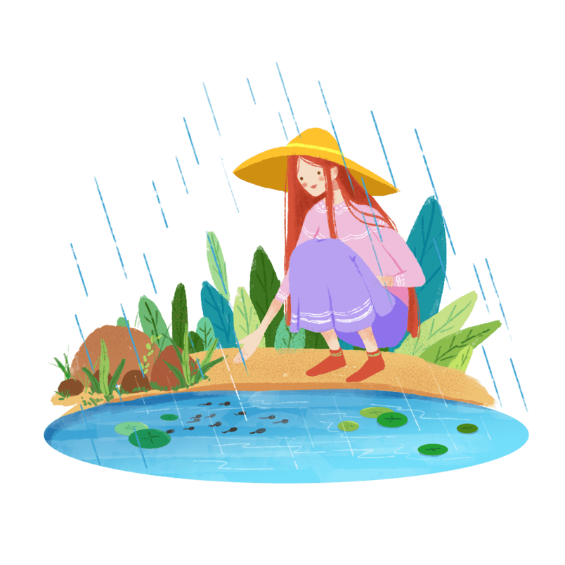 谷雨暖色扁平少女水池蝌蚪png