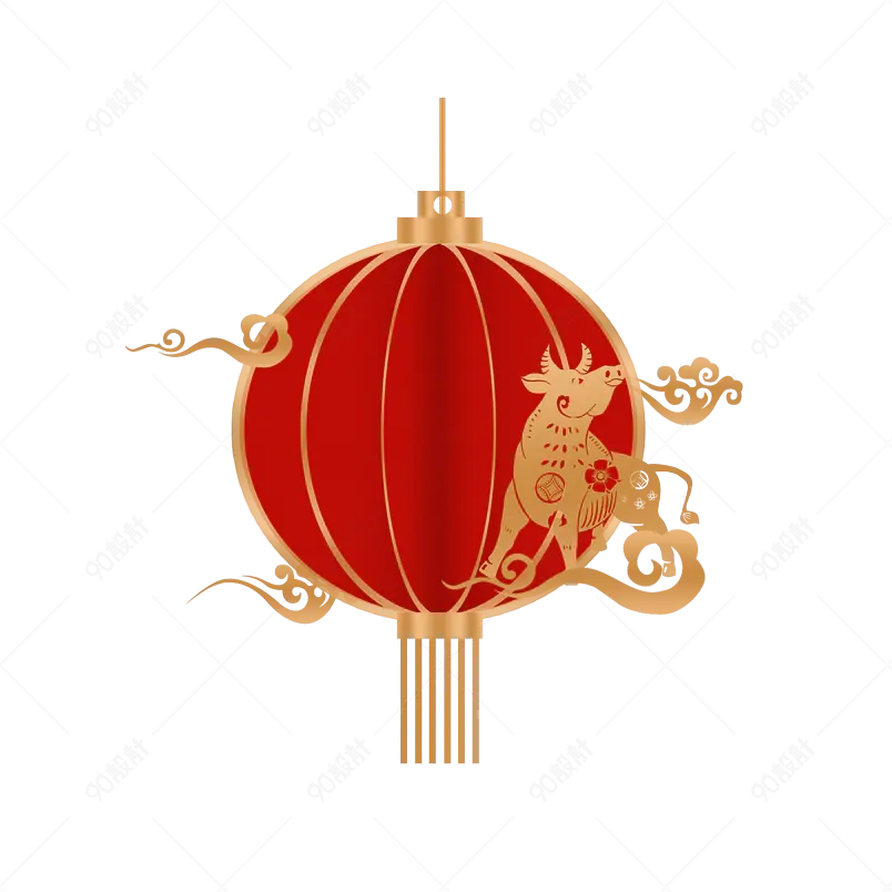 春节新年国潮元素灯笼装饰背景金色祥云剪纸牛