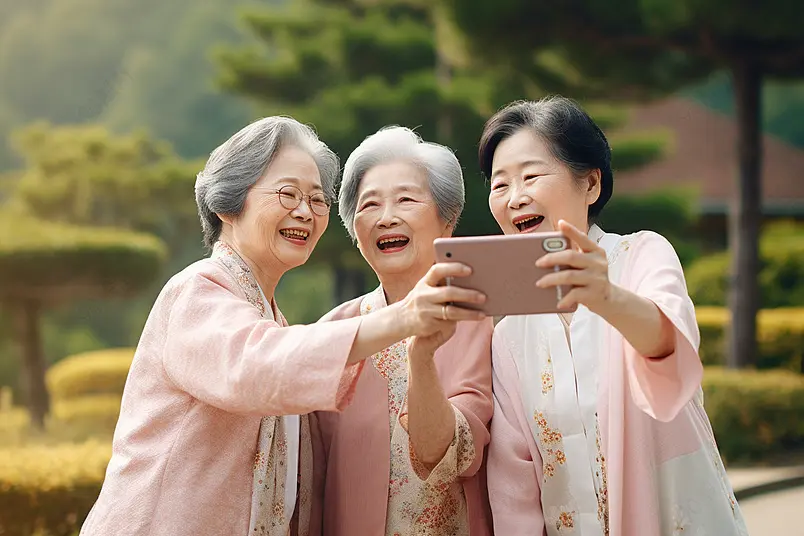 清晰的摄影图高清的图片海报设计背景广告设计素材元素老年女性聚会手机自拍