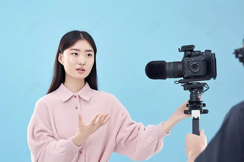 高清的图片电商产品拍摄蓝色背景上女性视频博主对着镜头解说