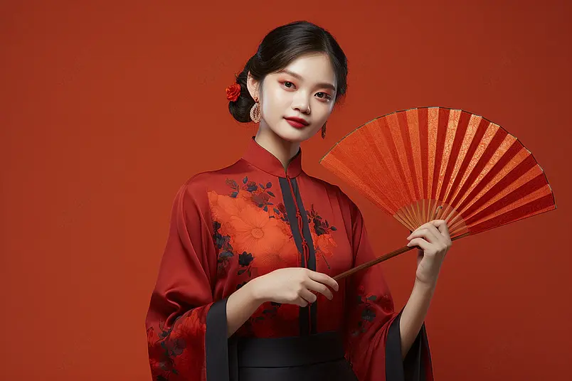国潮旗袍美女手拿折扇