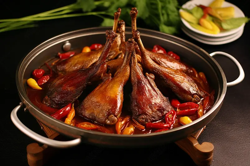 美味健康食物川菜麻辣干锅鸭头摆盘特写摄影图