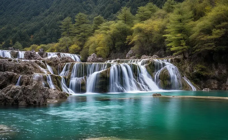 风景风光大气旅游风景区出游清晰的摄影图高清的图片海报设计背景广告设计素材元素绿色的湖水高流水树林远山蓝月谷自然风光