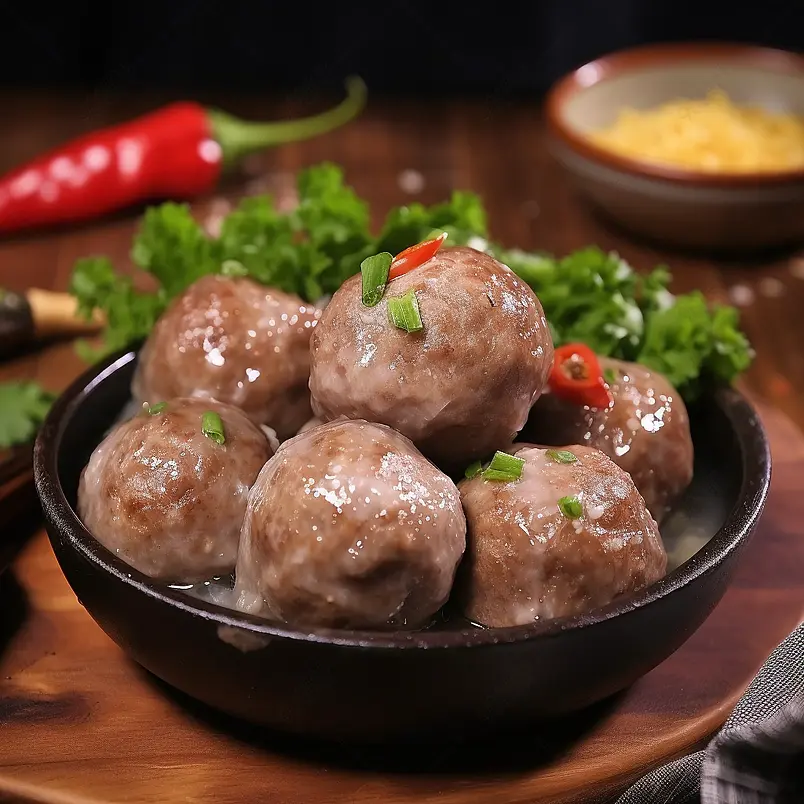 深底上的牛肉丸