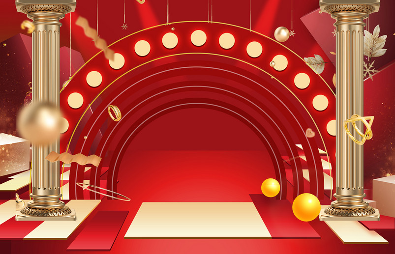 红色炫光圆形拱门促销化妆品海报背景