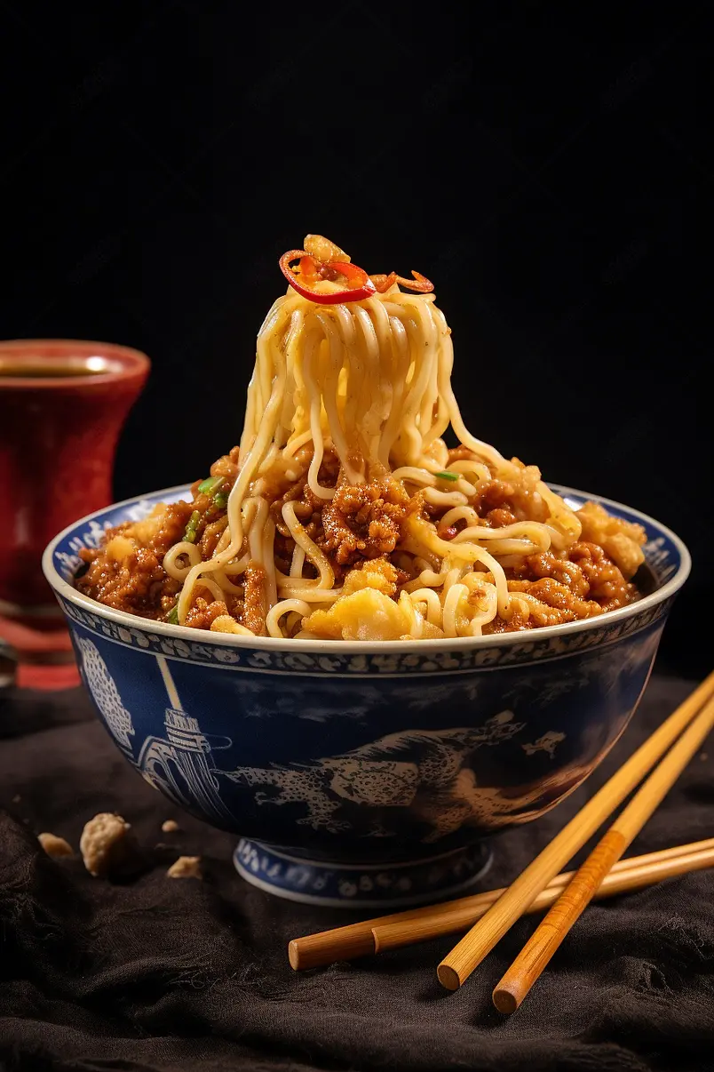 桌子上的一碗炸酱面面条拉面