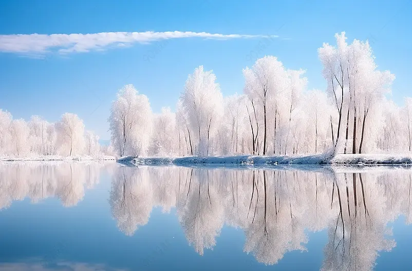 覆盖着厚厚的白雪的湖边观景平台
