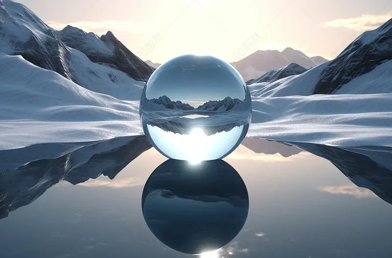 雪山与湖泊与透明玻璃球,3D渲染