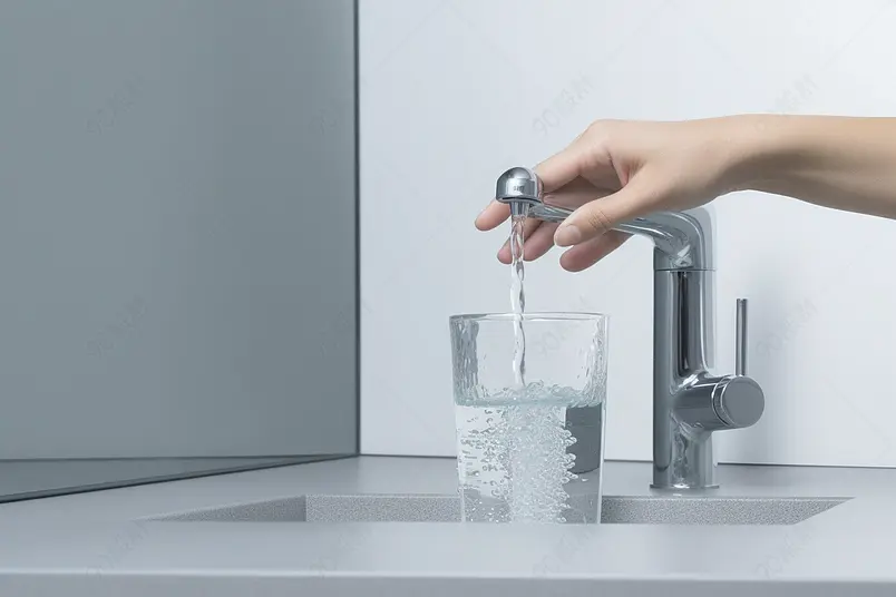 白色简约厨房水龙头接水场景图