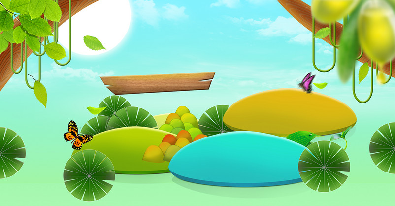 蓝色天空手绘卡通春季童装服装海报背景设计