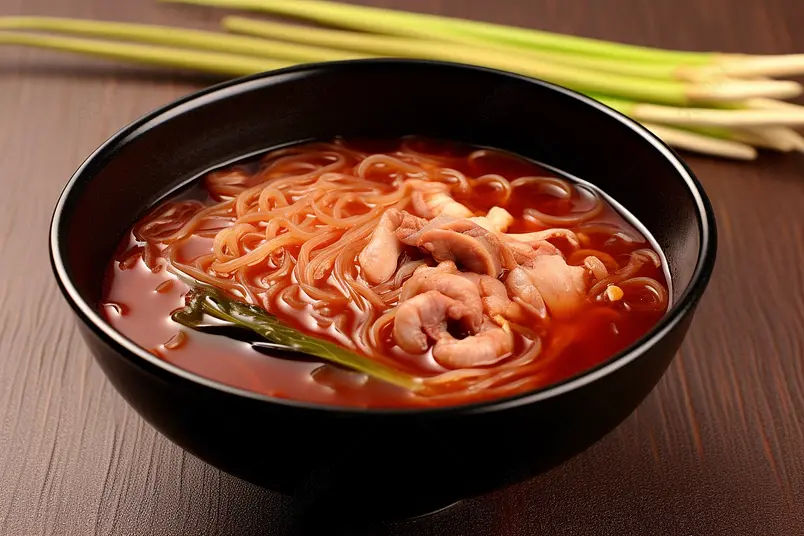 肥肠粉桌子上的黑色碗里的美食摄影真实