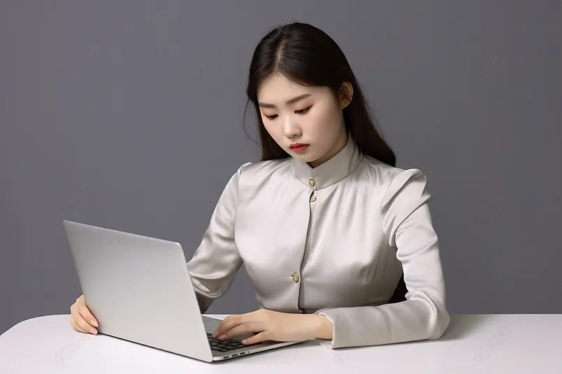 海报设计背景广告设计素材元素正在用笔记本电脑办公的职场女性