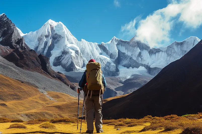 在户外背着登山包拄着拐杖的登山爱好者