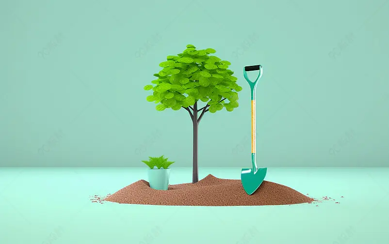 小树苗和泥土铁锹模型植树节海报素材