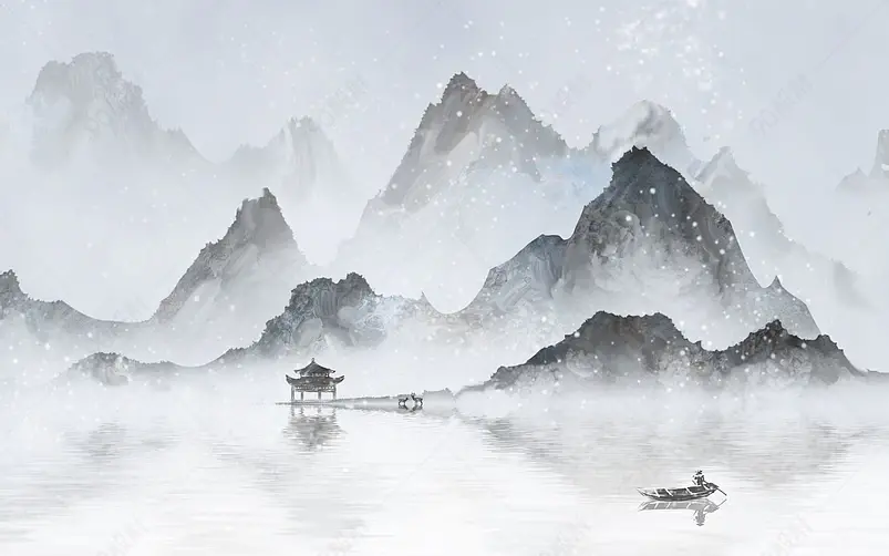 中国风水墨手绘风景山水插画背景设计