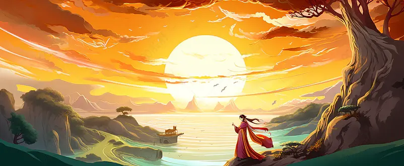 双十一双十二国潮古风远山仙鹤海报插画